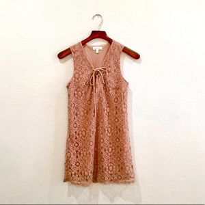 Monteau lace pink mauve mini tie up dress size S